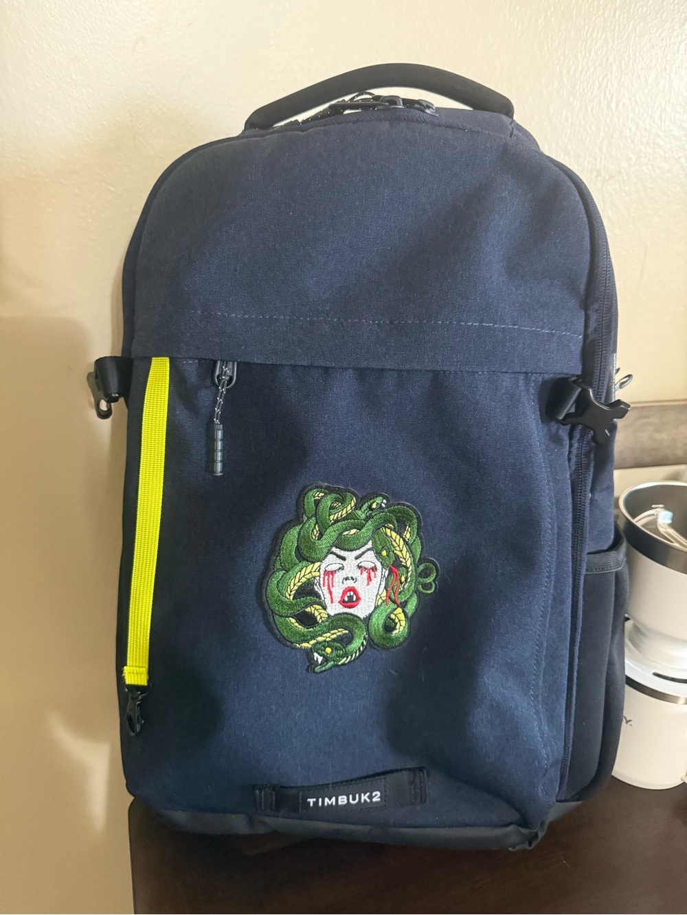Timbuk2 Navy Backpack with Green Medusa Embroidery and Yellow Zip Accent